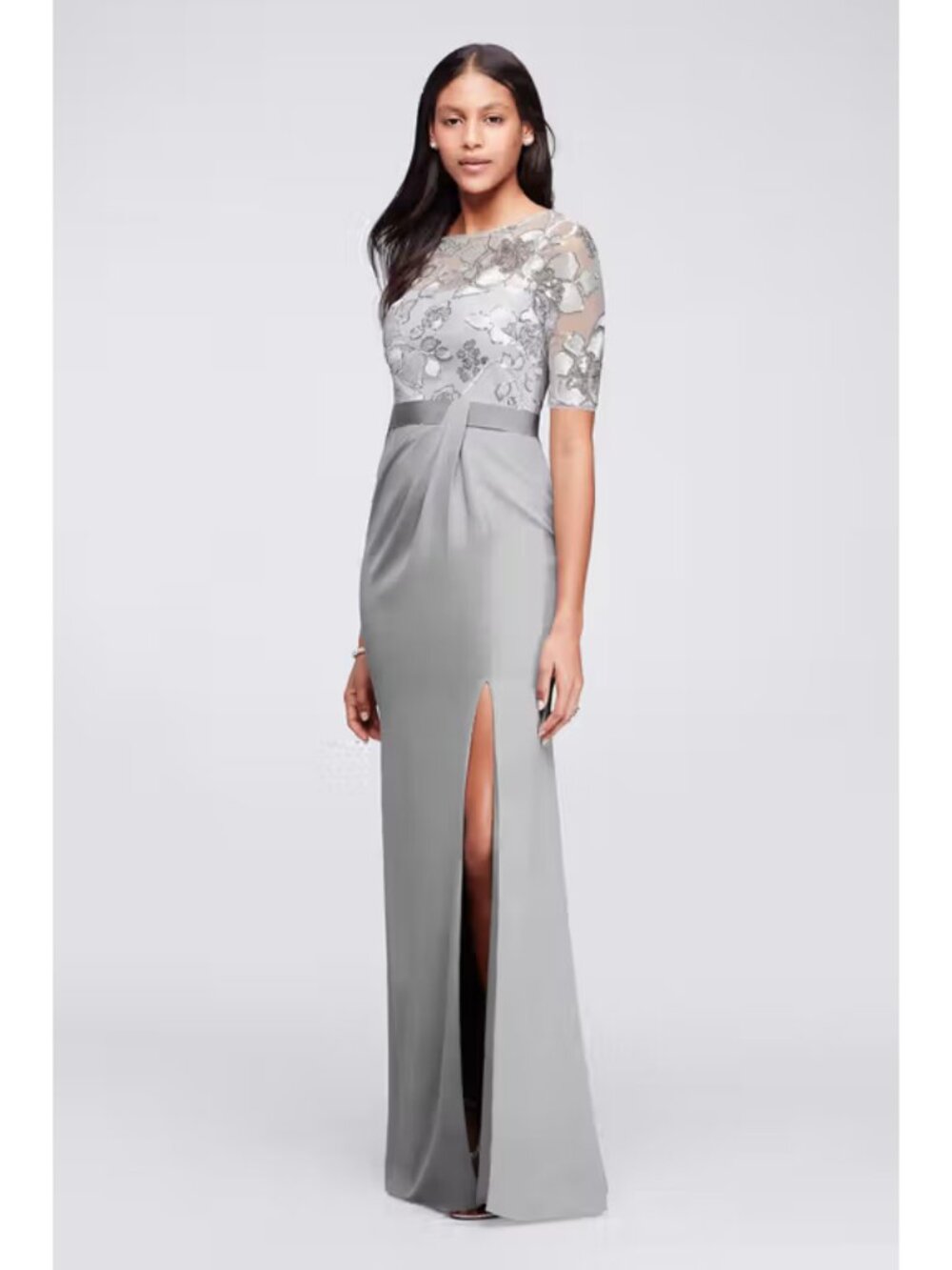 Long Sequined Dress with Sheer Overlay and Sleeves